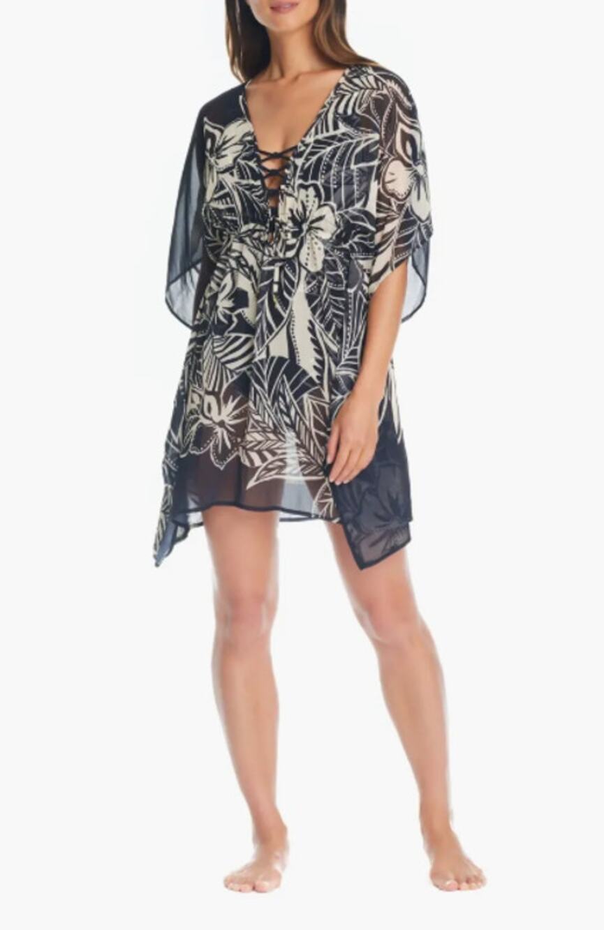 BLEU ROD BEATTIE Womens Ciao Bella Tunic Cover Up Large Black Floral Chiffon NWT